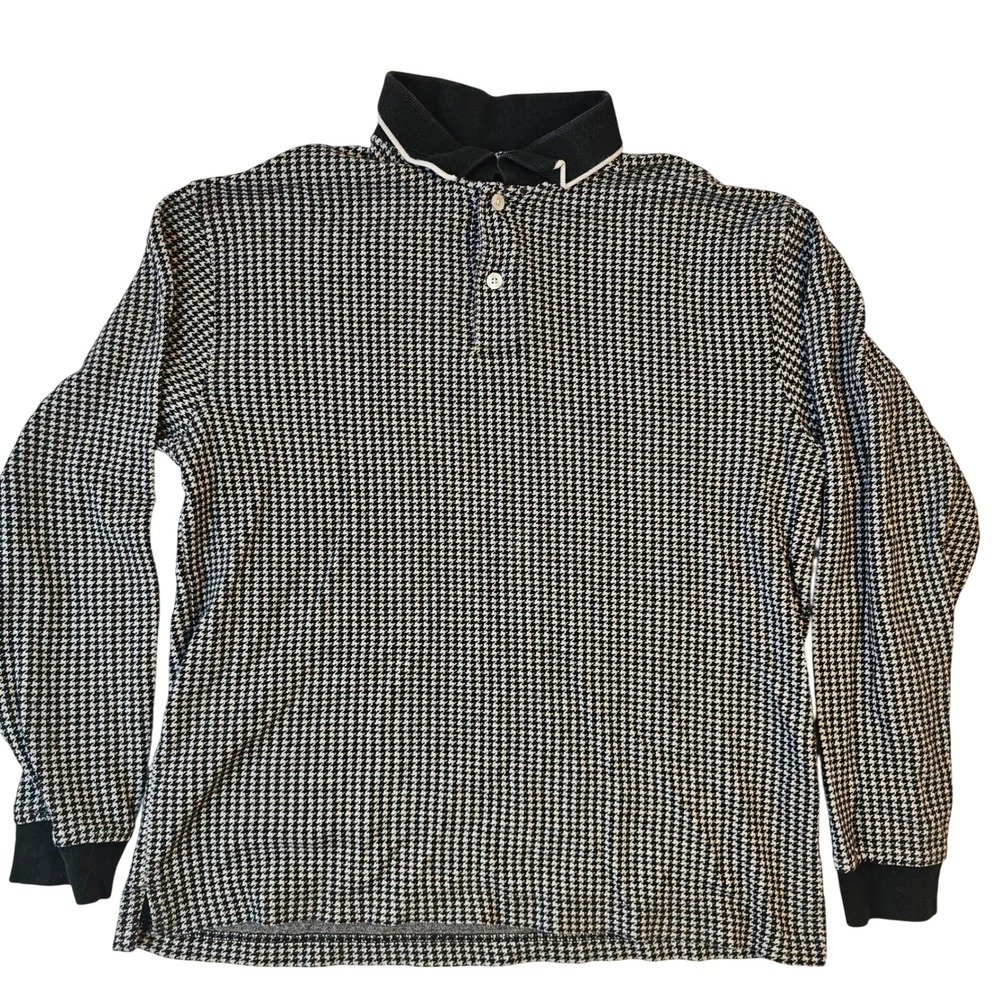 Roundtree & Yorke Mens Long Sleeve Houndstooth Polo Shirt Black White Cotton M